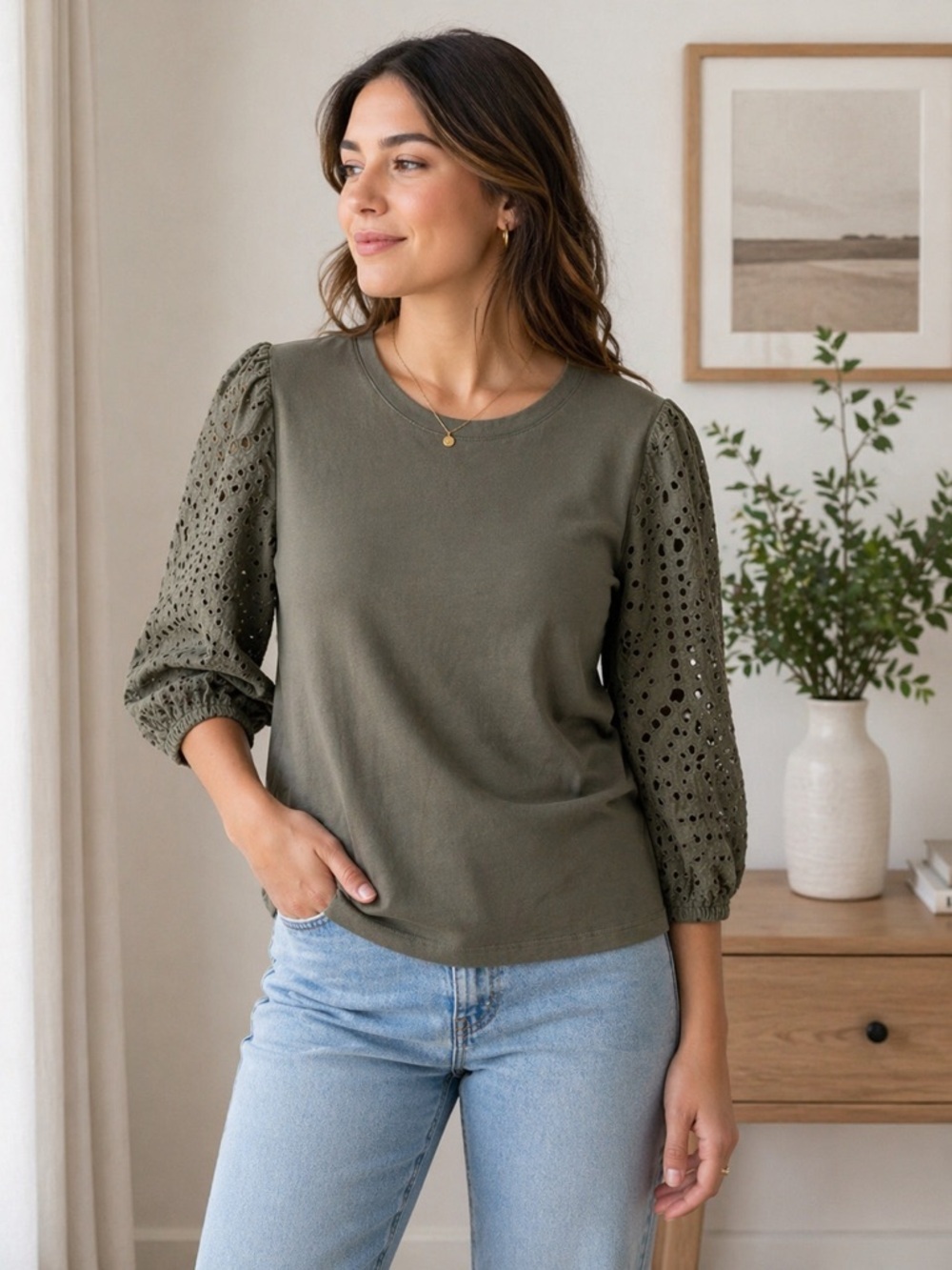 Reitmans Olive Green Eyelet Sleeve Top Large | Puff Sleeve Casual Blouse